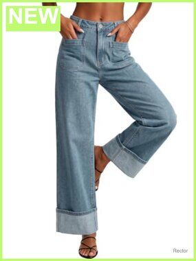 High Waisted Wide Leg Stretch Denim Jeans Cuffed Hem